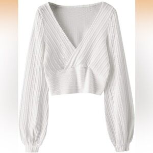 White V-Neck Textured Knit Crop Long Sleeve
